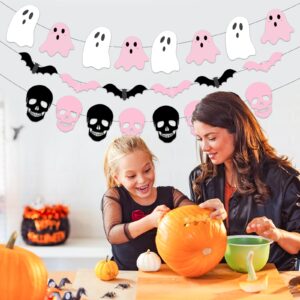 Pink Halloween Decorations, Pink and Black Halloween Decorations includes Happy Halloween Pink Ghost Garland Pink Bat Skeleton, Pastel Halloween Decorations for Girly Halloween Decor