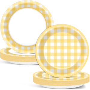 48pcs yellow gingham paper dessert plates yellow and white party supplies yellow checkered tableware party decorations plaid plates dinnerware for boys girls birthday picnic bride shower favor 7”