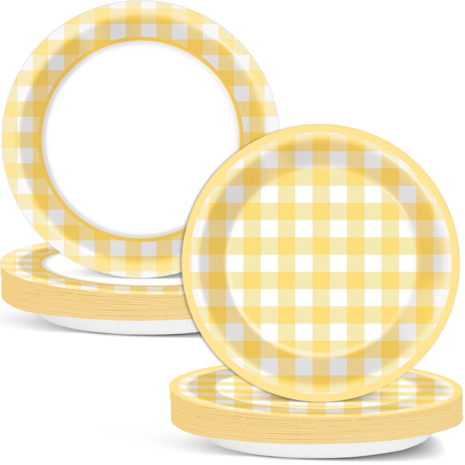 48Pcs Yellow Gingham Paper Dessert Plates Yellow and White Party Supplies Yellow Checkered Tableware Party Decorations Plaid Plates Dinnerware for Boys Girls Birthday Picnic Bride Shower Favor 7”