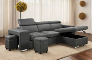 rendgo 103'' microfiber sectional sleeper sofa pull out bed with ottoman storage chaise, l shaped sectional couch with adjustable headrest and stools for living room furniture set, grey