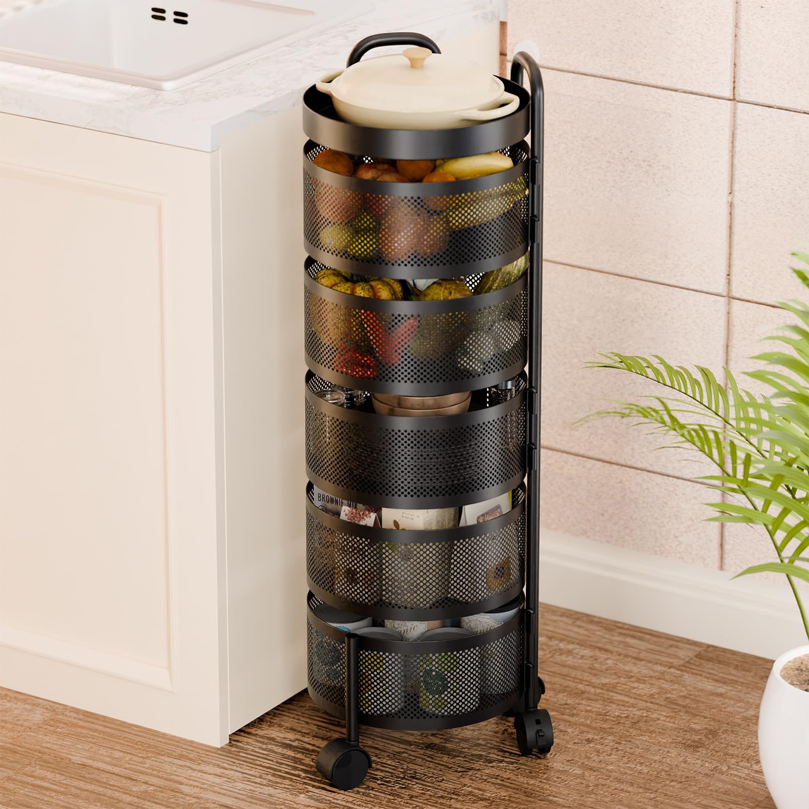 Kitchen Storage Rack 5-Tier Circular Rotating Basket,Vegetable Rack Rotating Kitchen Storage Rack with 360 Degree Wheels,Fruit Basket Floor Stand Shelf Fruit Tower for Kitchen Black