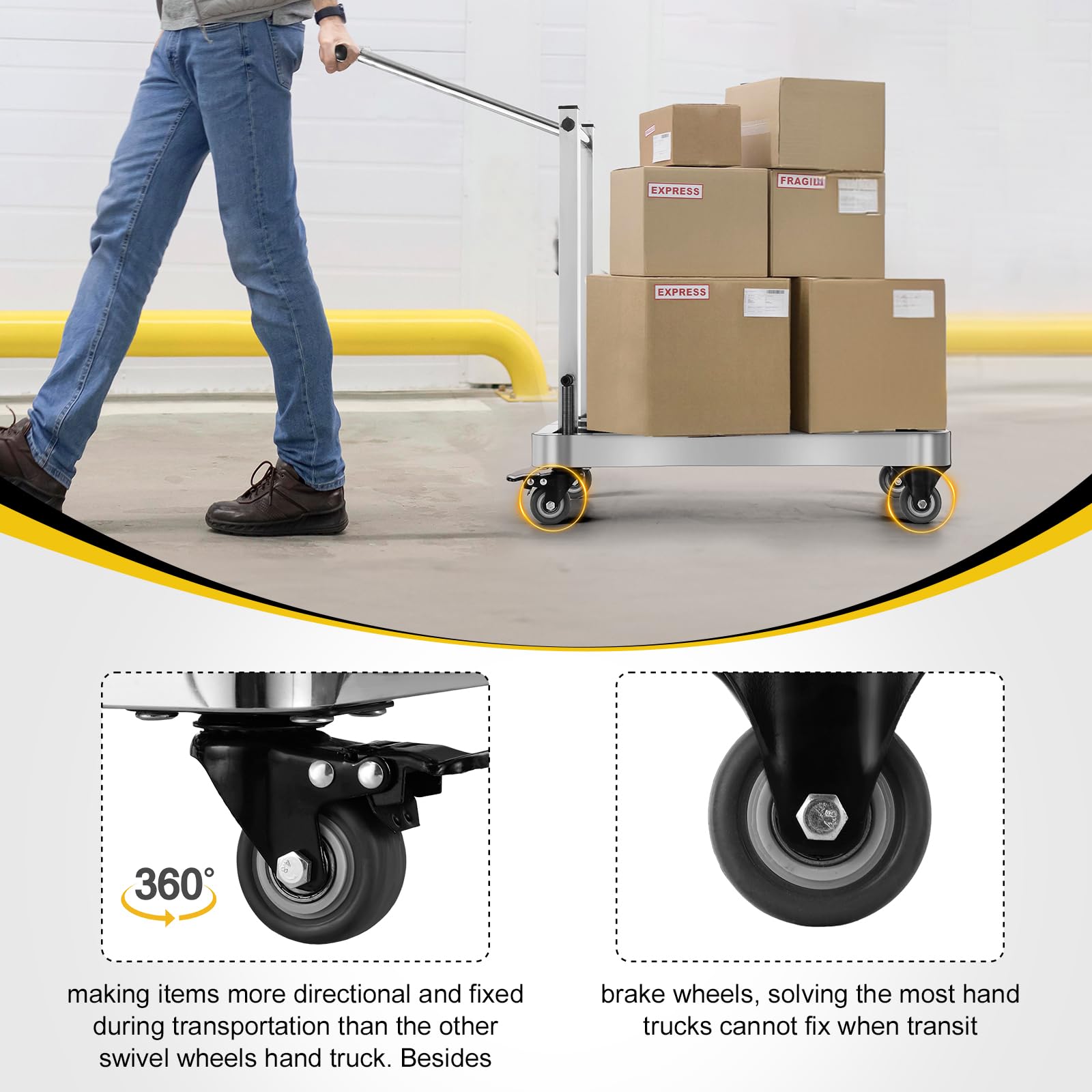 GUOZIXIN Folding Stainless Steel Hand Truck, Adjustable Handle Utility Cart with 4 Wheels & 2 Lashing Straps for Moving, Travel, Shopping, Office Use, Gardening,500 LB Heavy Duty Luggage Cart