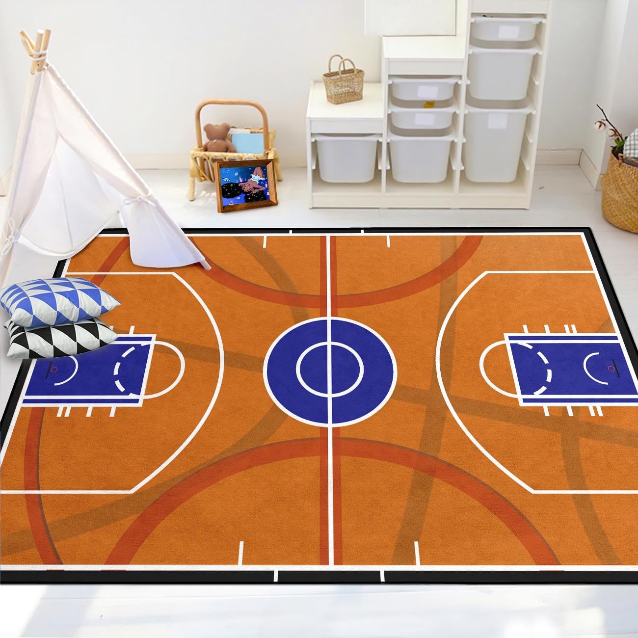 Basketball Court Rug - Basketball Rug for Boys Bedroom Sports Rug Basketball Prints Carpets for Living Room Bedroom Playroom Sports Decor Floor Mat, 3'×5'