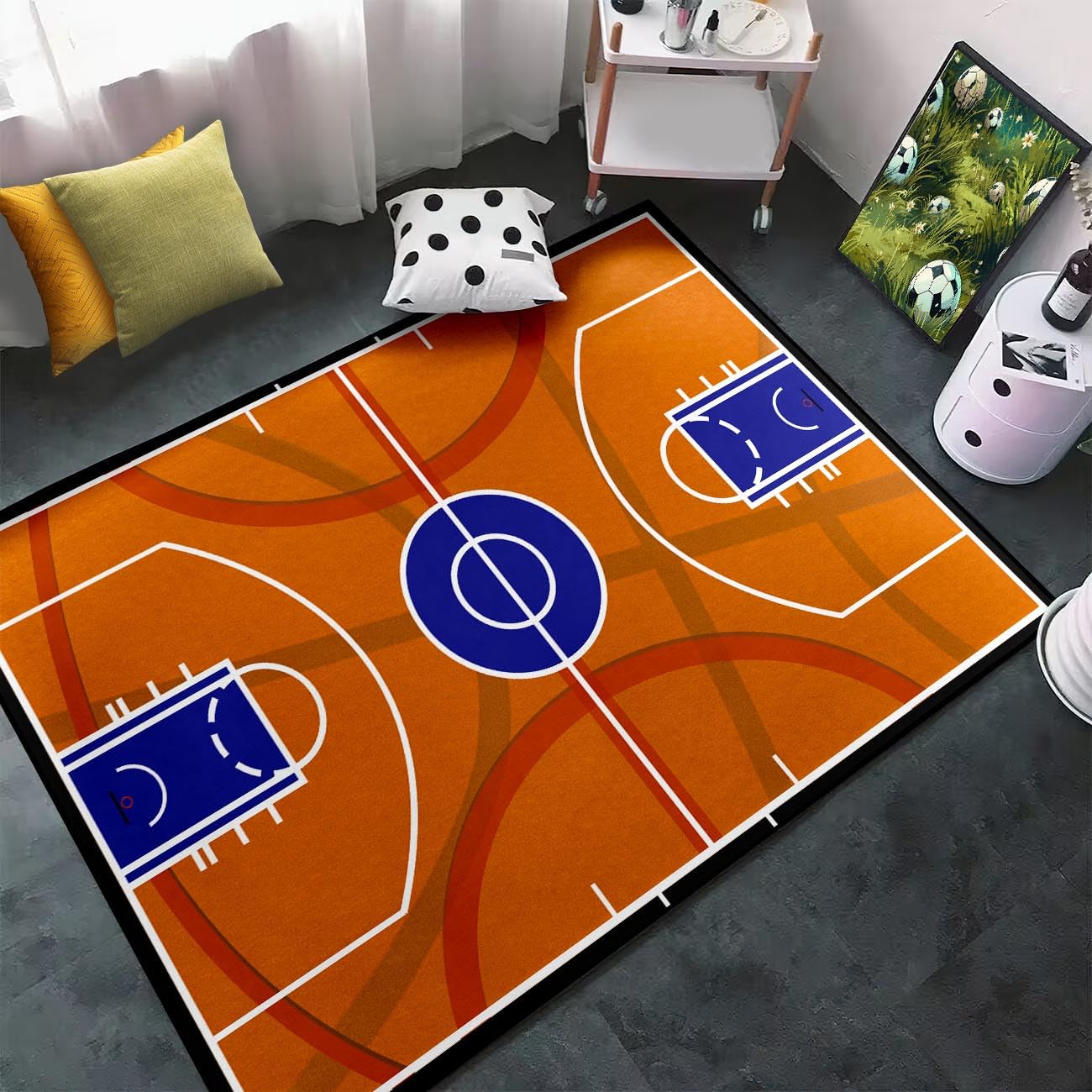 Basketball Court Rug - Basketball Rug for Boys Bedroom Sports Rug Basketball Prints Carpets for Living Room Bedroom Playroom Sports Decor Floor Mat, 3'×5'