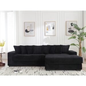 JUSTONE 111'' Modern Sectional Sofa Cloud Couch for Living Room, L Shaped Sofa, Corduroy,Right Chaise Daybed with Armrests,Eight Throw Pillows,Easy to Assemble,Black