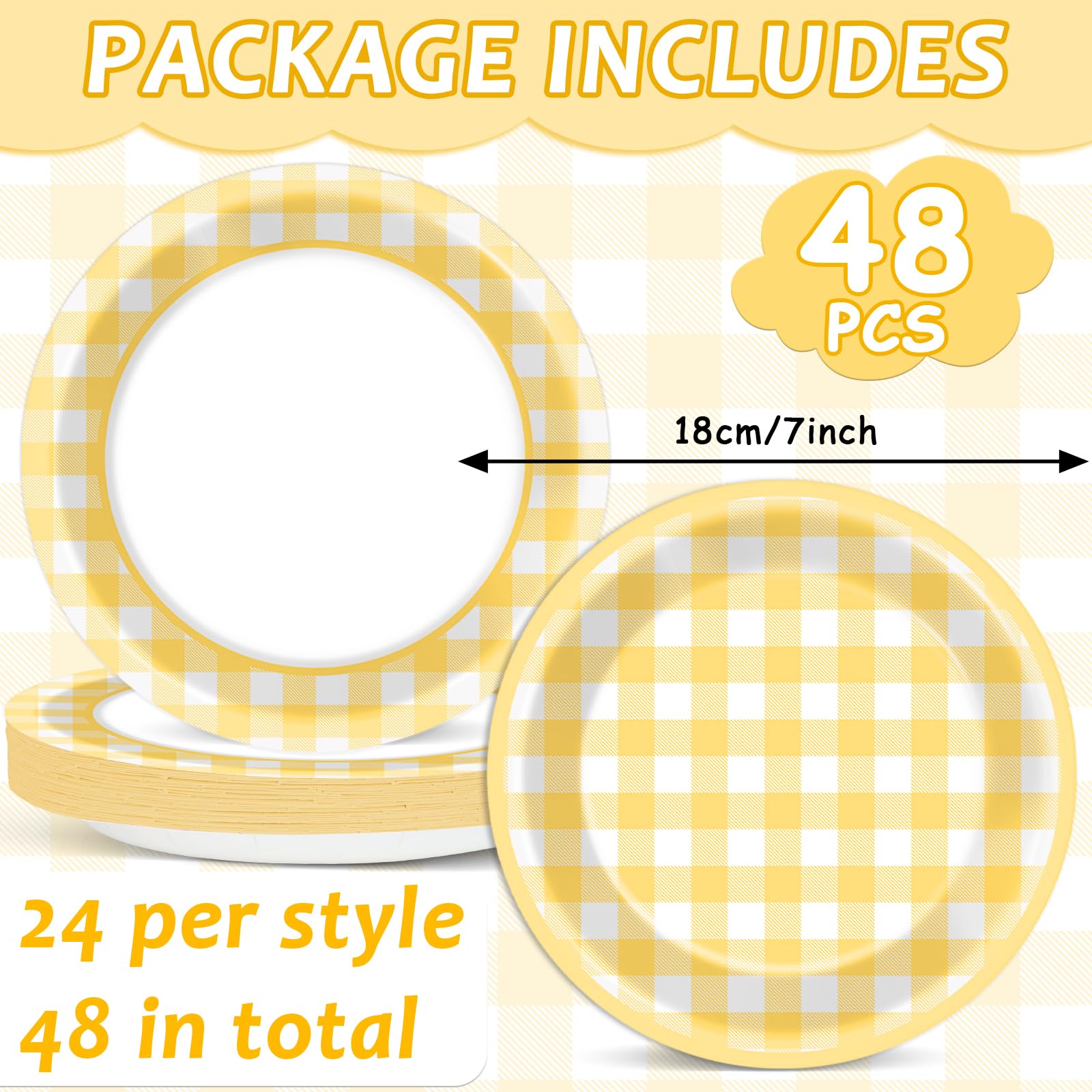 48Pcs Yellow Gingham Paper Dessert Plates Yellow and White Party Supplies Yellow Checkered Tableware Party Decorations Plaid Plates Dinnerware for Boys Girls Birthday Picnic Bride Shower Favor 7”