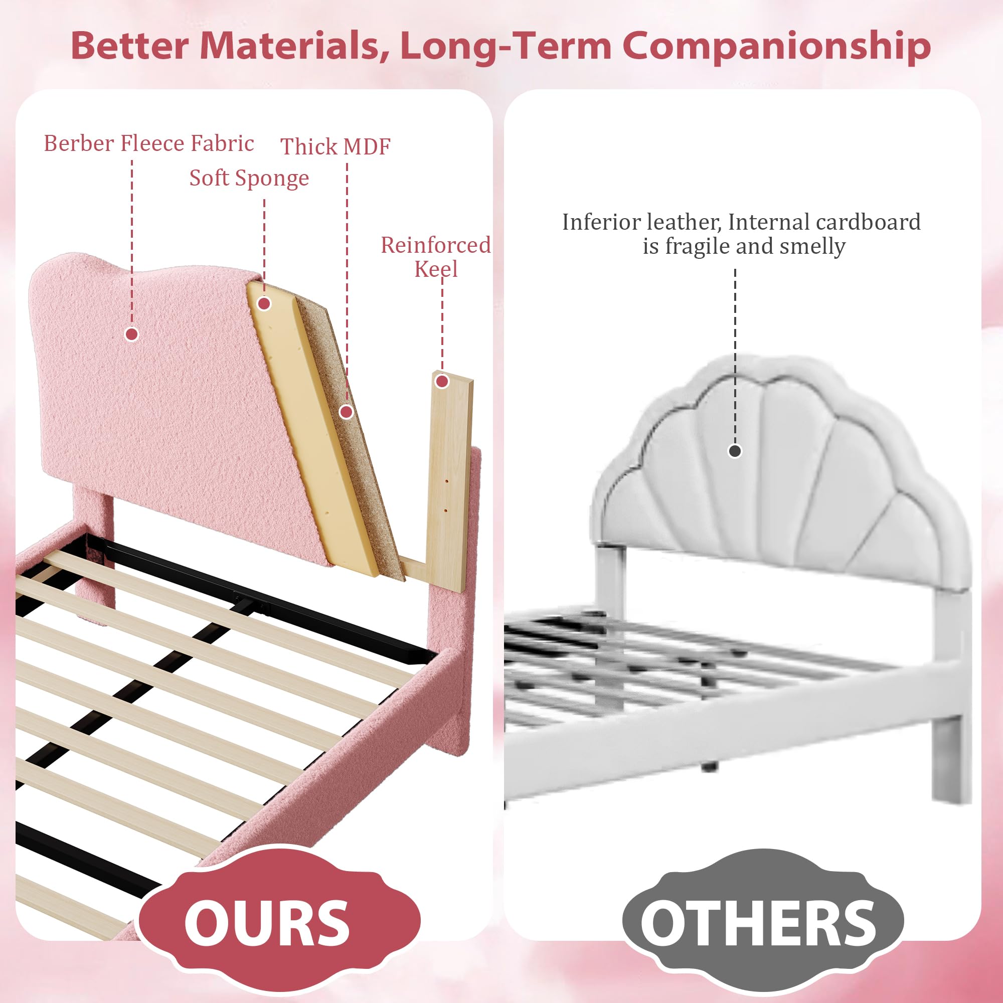 GarveeHome Upholstered Twin Size Bed Frame for Kids with Scallop Headboard, Cute Velvet Twin Bed for Girls, Boys, Sturdy Platform Bed, No Box Spring Needed, Wooden Slats, Noise Free, Pink