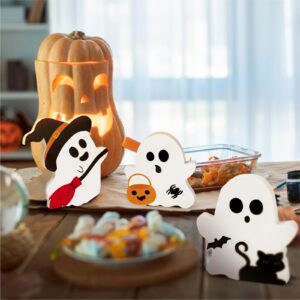 3 Pcs Cute Ghost Halloween Decorations for Indoors, Spooky Decorations, Wooden Tiered Tray Decor Table Sign, Black Cat, Bat, Witch Broom Signs, Pumpkin Blocks for Party Home Shelf Display