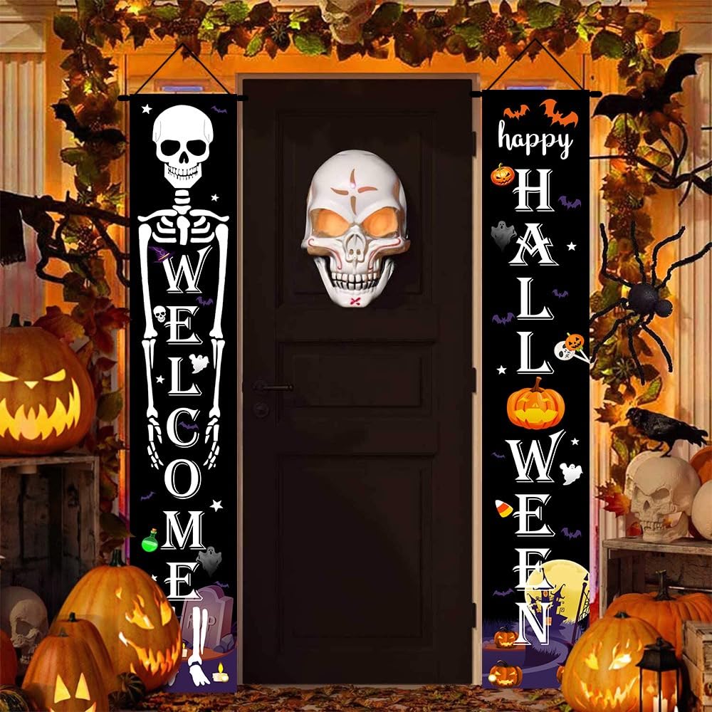 Halloween Decorations Outdoor - Happy Halloween & Welcome Skeleton Porch Banners for Halloween Decor - Front Door Outside Yard Garland Party Supplies