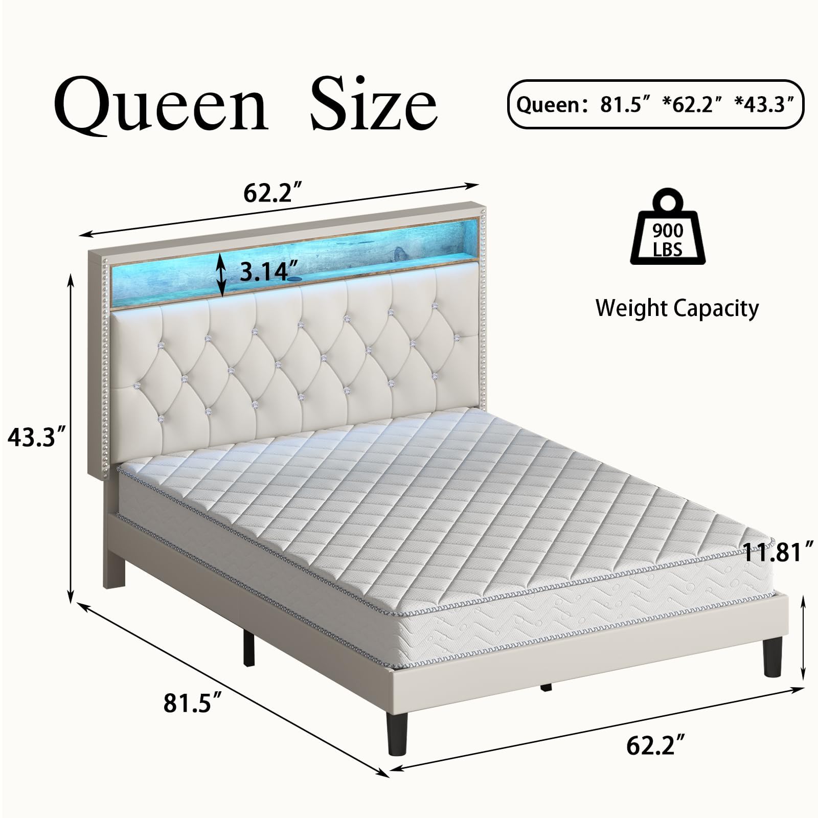 HOMBCK Queen Size Bed Frame with Led Lights, Led Bed Frame with Charging Station & Storage Shelf Headboard, White Velvet Upholstered Bed Frame with Diamond Tufted, No Box Spring Needed, Noise-Free