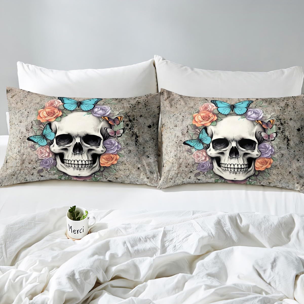 Feelyou Skull Fitted Sheet Full Size Flower Bedding Set for Boys Girls Teens Butterfly Bed Sheet Set Grey Bed Cover Room Decor