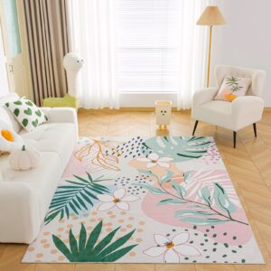 choshome floral rug for living room, 5x7 rug, super soft washable rugs, low pile rugs for bedroom girls non-slip area rug, colorful carpet, nursery rug for kids, pink rug for dining room playroom