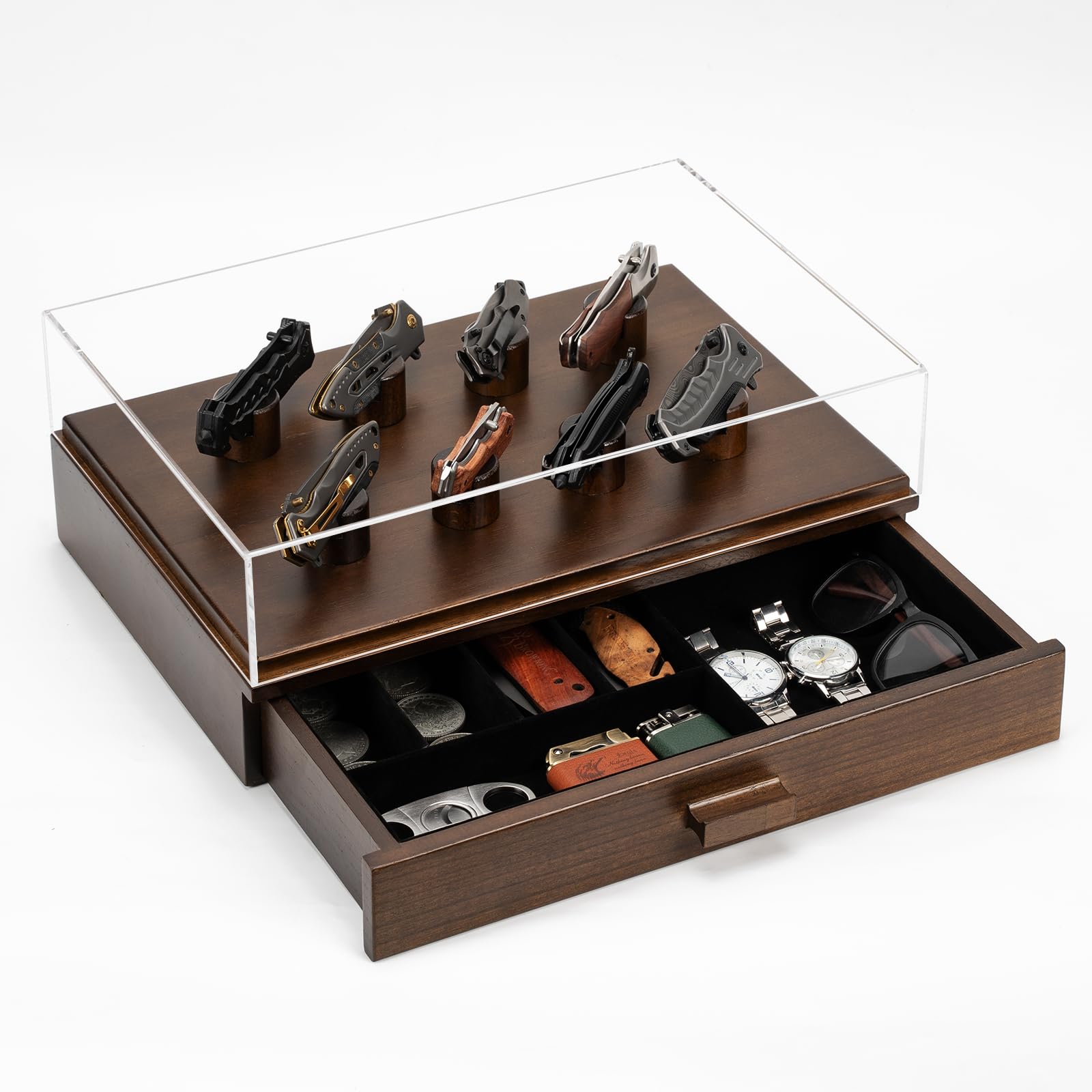 Pocket Knife Display Case, Premium Wooden Knife Collection Box with Drawer, Showcase Display Holder for 8 Pocket Folding Knives