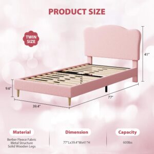 GarveeHome Upholstered Twin Size Bed Frame for Kids with Scallop Headboard, Cute Velvet Twin Bed for Girls, Boys, Sturdy Platform Bed, No Box Spring Needed, Wooden Slats, Noise Free, Pink