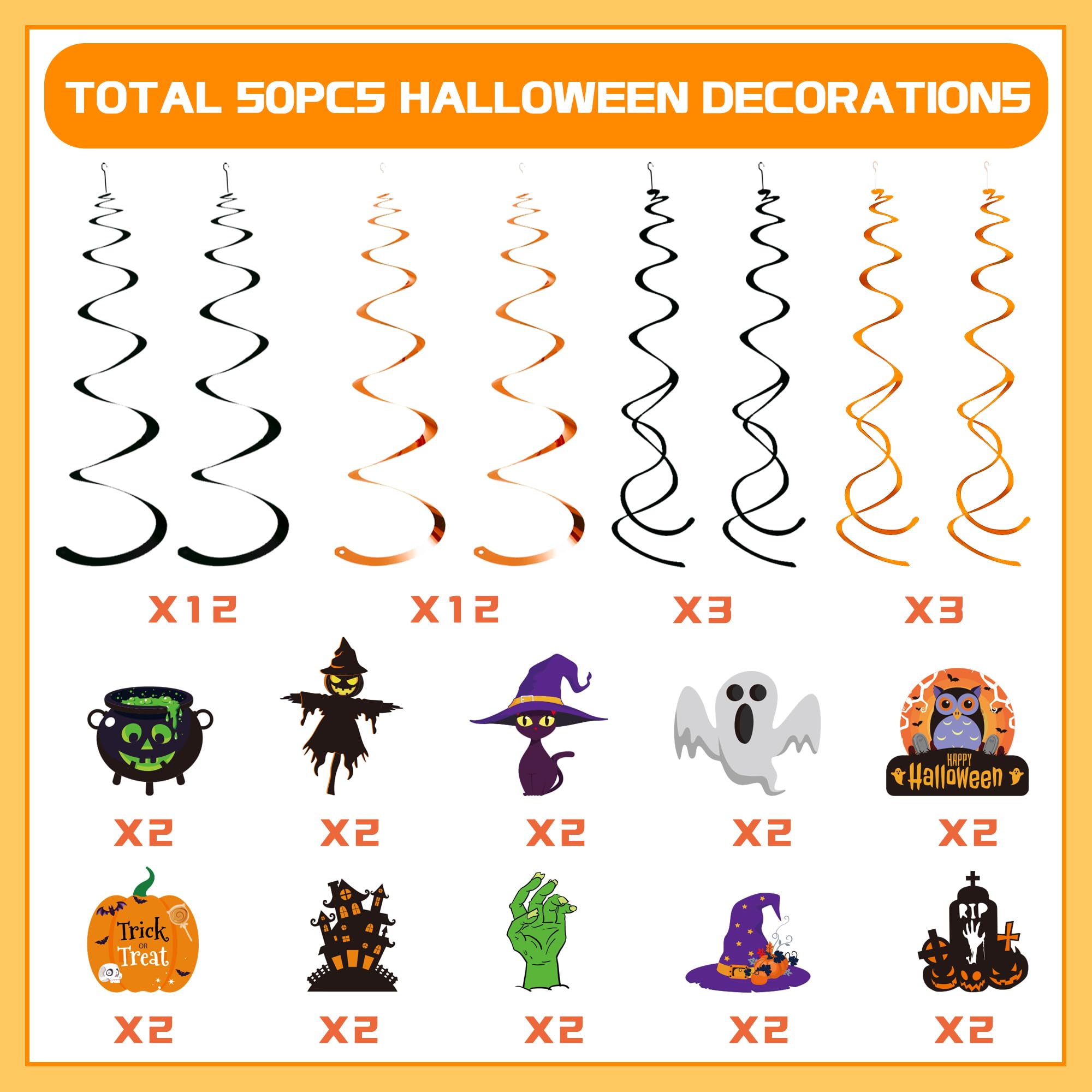 Yoqipati 50Pcs Halloween Ceiling Decorations Hanging Swirls Foil Streamers Ghost Pumpkin Witches Foil Ceiling Streamers for Halloween Party Decorations