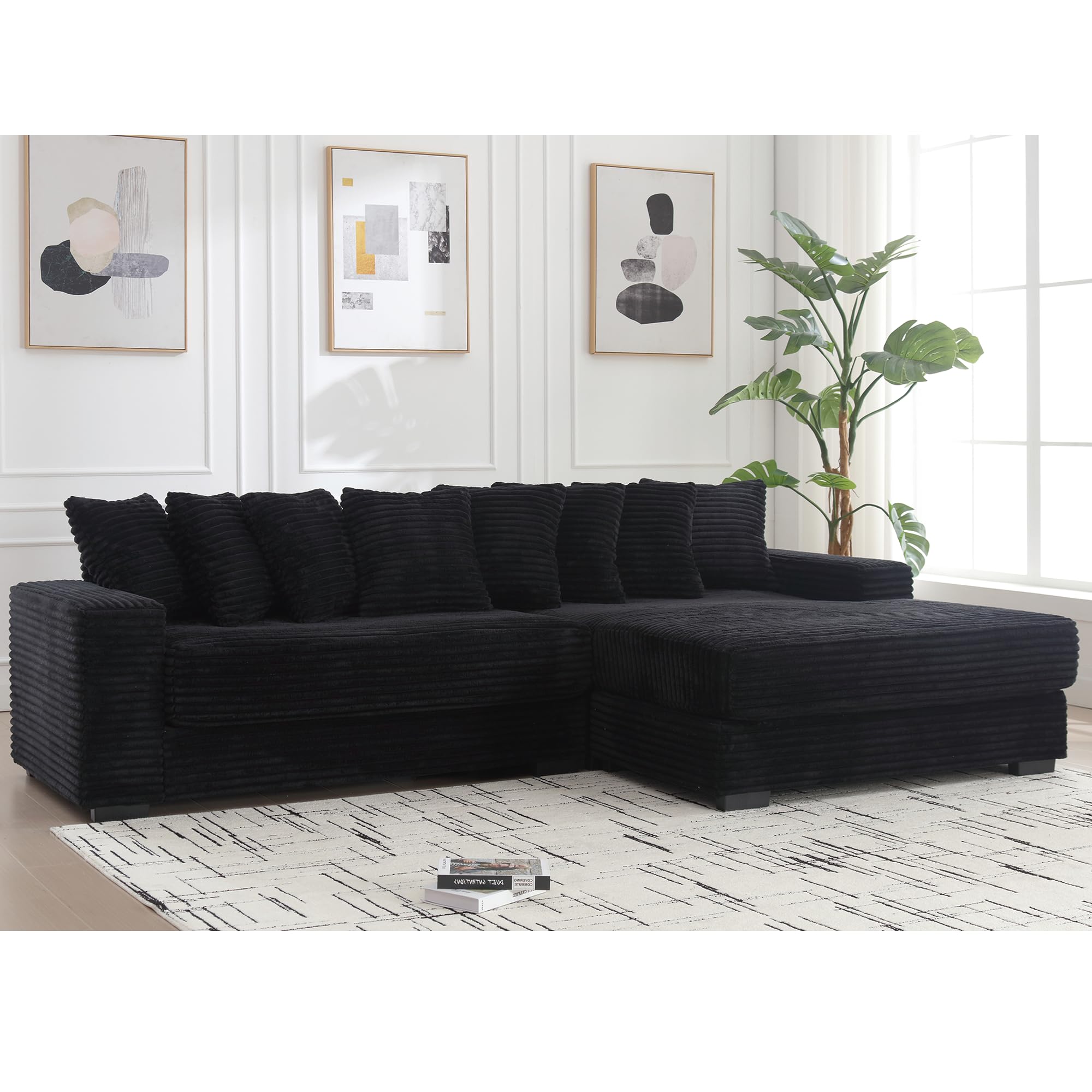 JUSTONE 111'' Modern Sectional Sofa Cloud Couch for Living Room, L Shaped Sofa, Corduroy,Right Chaise Daybed with Armrests,Eight Throw Pillows,Easy to Assemble,Black