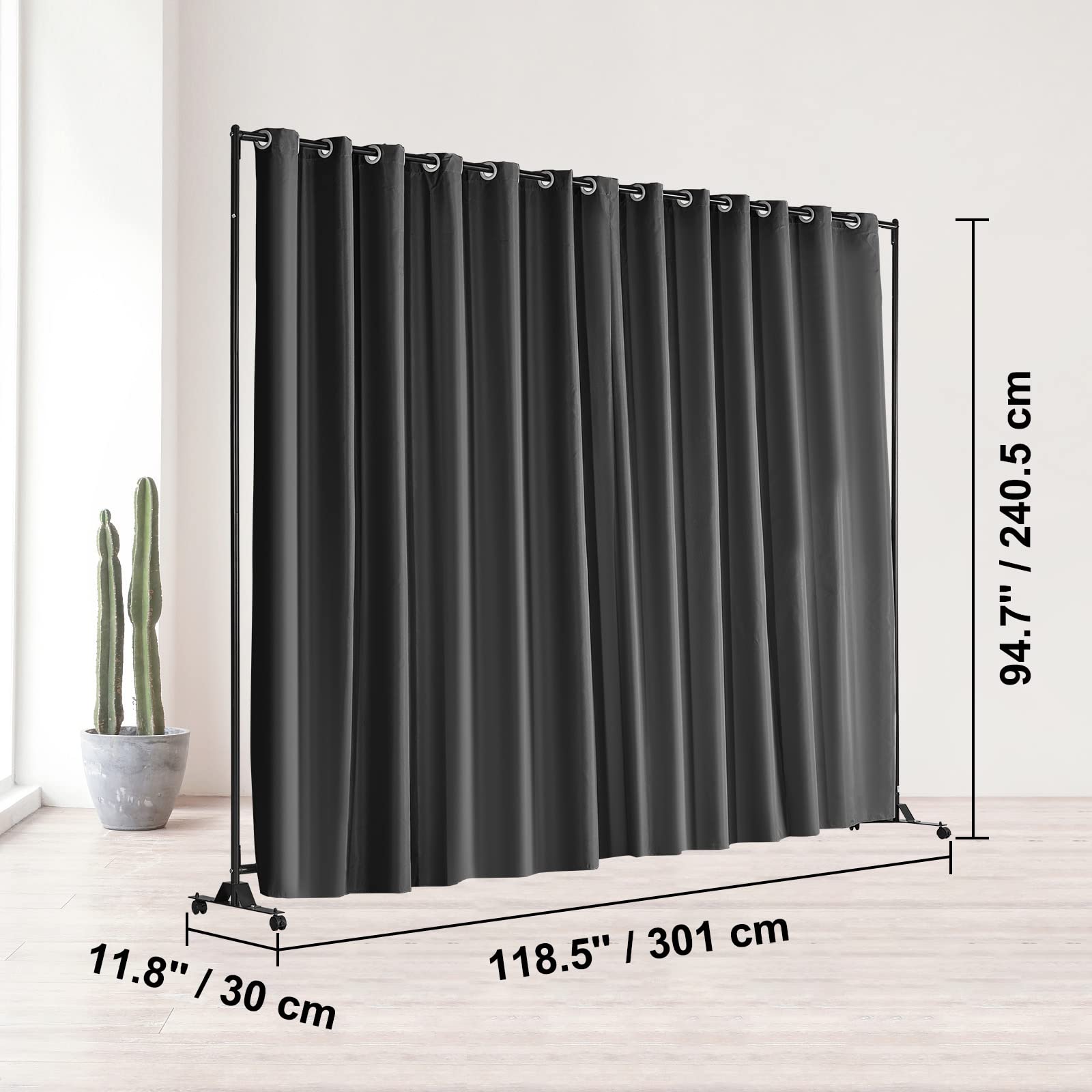 VEVOR Room Divider Curtain, 8 ft x 10 ft Portable Panel Room Divider with Wheels Curtain Divider Stand, Room Divider Privacy Screen for Office, Bedroom, Dining Room, Study, Light Grey