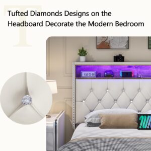 HOMBCK Queen Size Bed Frame with Led Lights, Led Bed Frame with Charging Station & Storage Shelf Headboard, White Velvet Upholstered Bed Frame with Diamond Tufted, No Box Spring Needed, Noise-Free