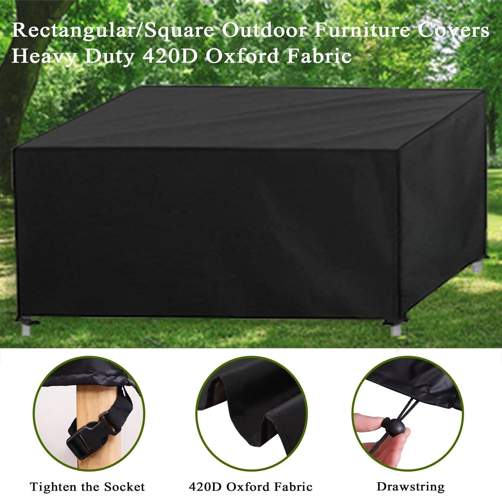 Patio Furniture Covers Heavy Rectangular Outdoor Couch Cover, 420D Waterproof Furniture Covering Anti-UV Windproof Patio Table Covers for Table Chair Rattan Furniture Black L59 xW59 xH30