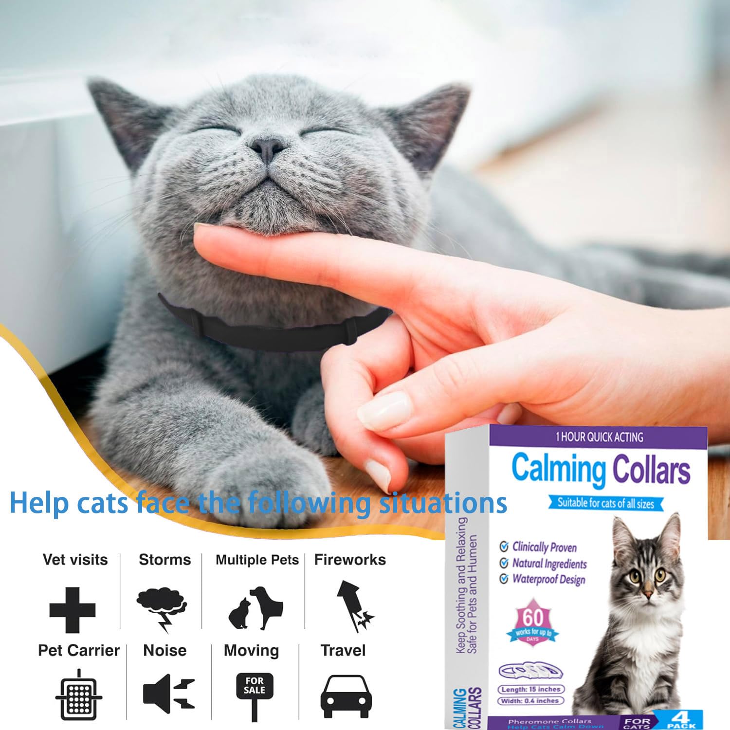 Calming Collar for Cats,Pheromone Collar for Cats, Cat Anxiety Relief for 60 Days,Adjustable, Water-Resistant & Breakaway Calming Collar Make Cat Relaxed 4 Pack