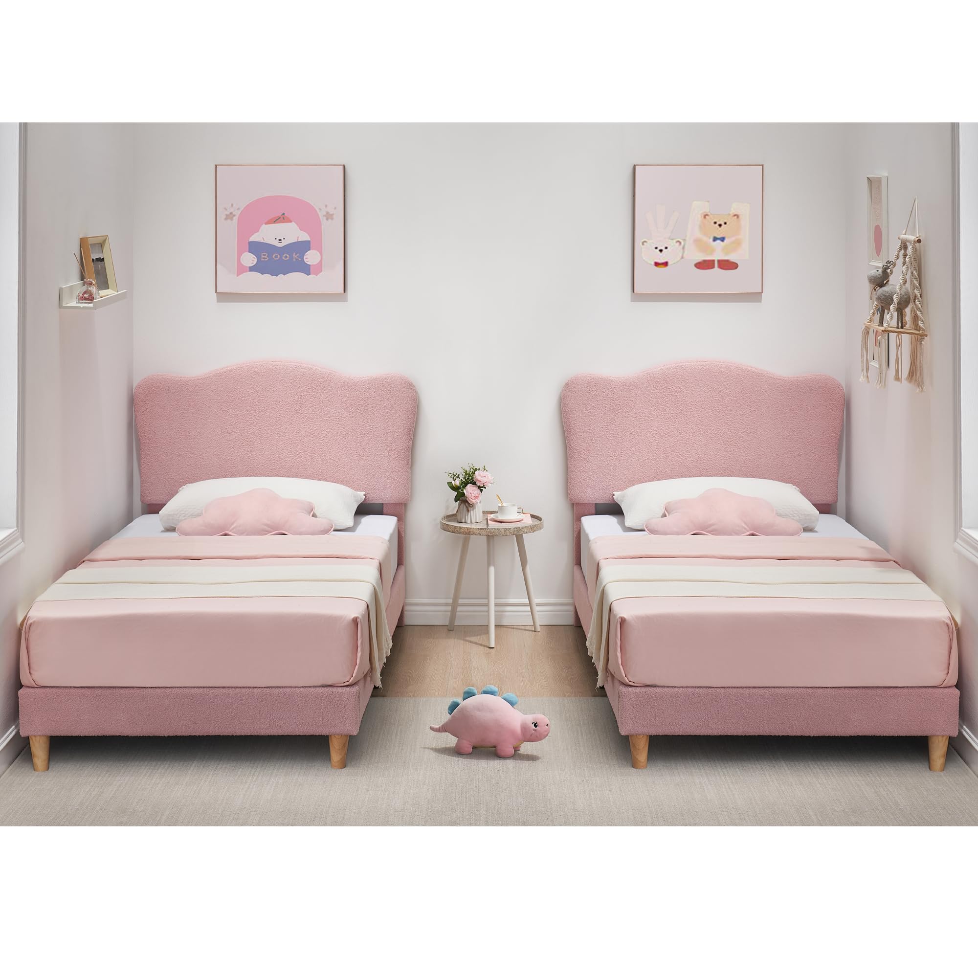 GarveeHome Upholstered Twin Size Bed Frame for Kids with Scallop Headboard, Cute Velvet Twin Bed for Girls, Boys, Sturdy Platform Bed, No Box Spring Needed, Wooden Slats, Noise Free, Pink