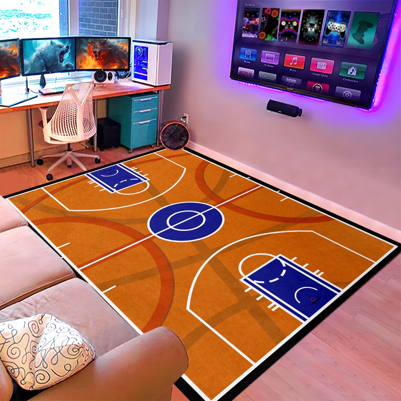 Basketball Court Rug - Basketball Rug for Boys Bedroom Sports Rug Basketball Prints Carpets for Living Room Bedroom Playroom Sports Decor Floor Mat, 3'×5'