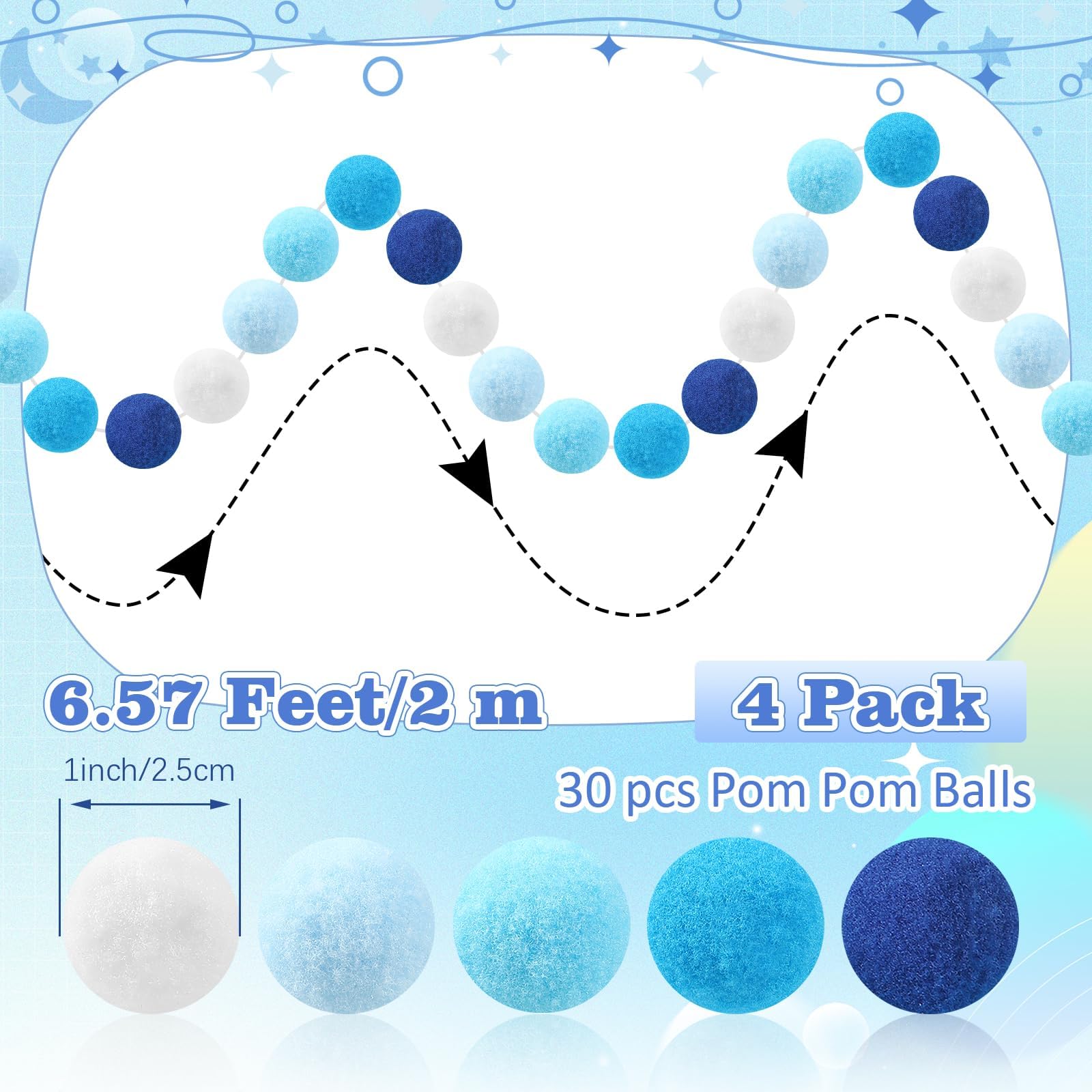 MARFOREVER 4 Pack 26.3 Feet Winter Christmas Pom Pom Garland, 30 Balls Blue White Winter Garland Hanging Supplies for Hanukkah Xmas Tree Classroom Fireplace Wall Birthday Baby Shower Party Decorations