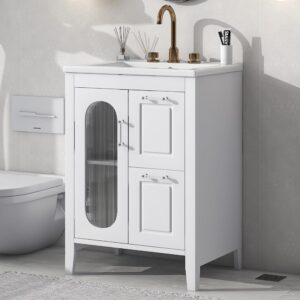 favfurish 24" bathroom vanity with sink,wooden storage cabinet with glass door and drawers,adjustable shelf,single undermount ceramic basin,for bath,easy to assemble, white