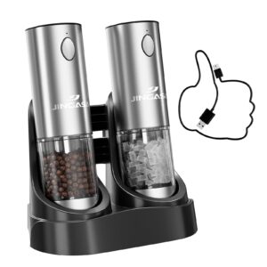 [upgraded larger capacity] electric salt and pepper grinder set with usb charging base, 95ml large capacity, adjustable coarseness,stainless steel automatic pepper mill with one-hand operation, 2 pack