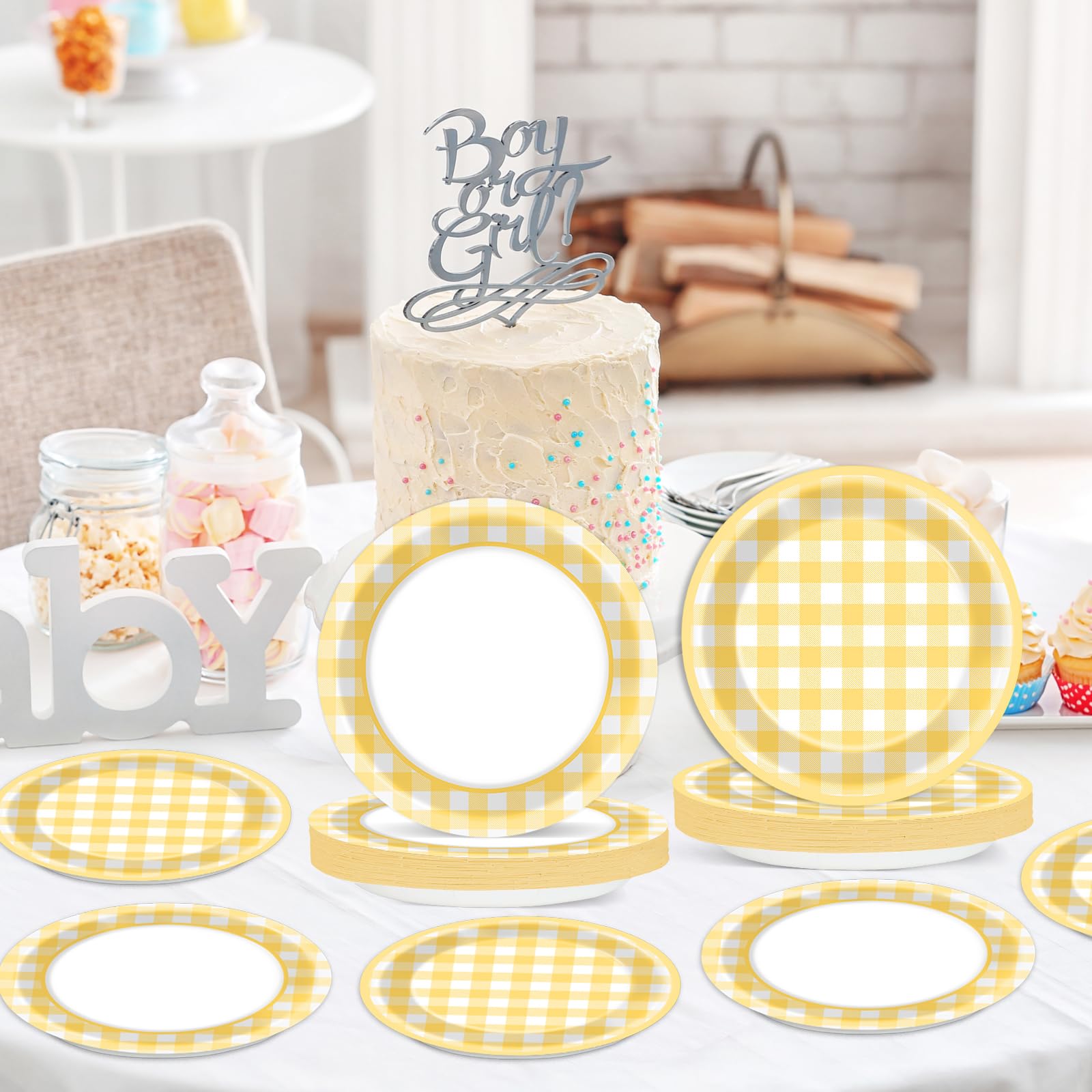 48Pcs Yellow Gingham Paper Dessert Plates Yellow and White Party Supplies Yellow Checkered Tableware Party Decorations Plaid Plates Dinnerware for Boys Girls Birthday Picnic Bride Shower Favor 7”