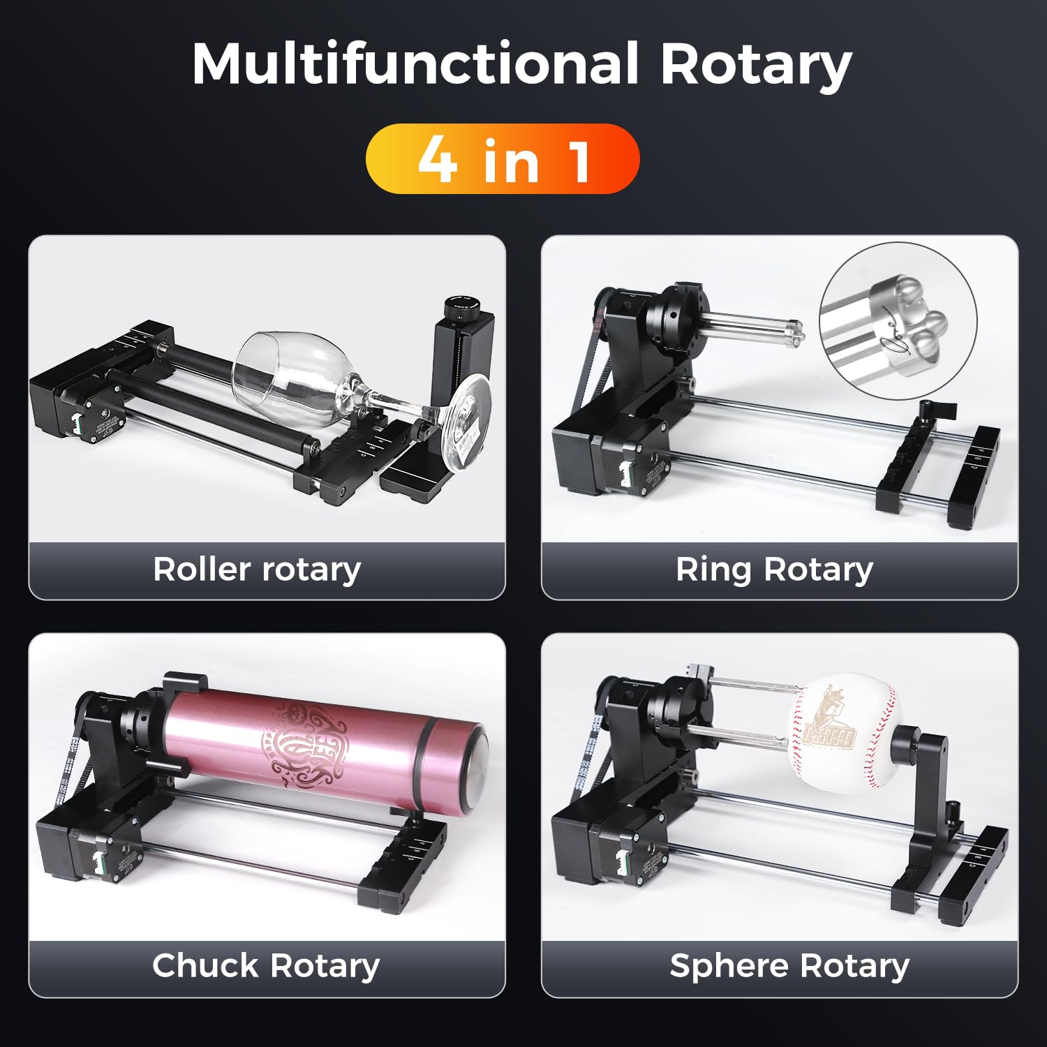 Comgrow 4-in-1 Y-axis Rotary Roller, Suitable for Most Laser Engraving Machines, with 3 Types of Claws and Pins, for Engraving Cylindrical and Spherical Objects, Wine Glass, Tumbler, Rings