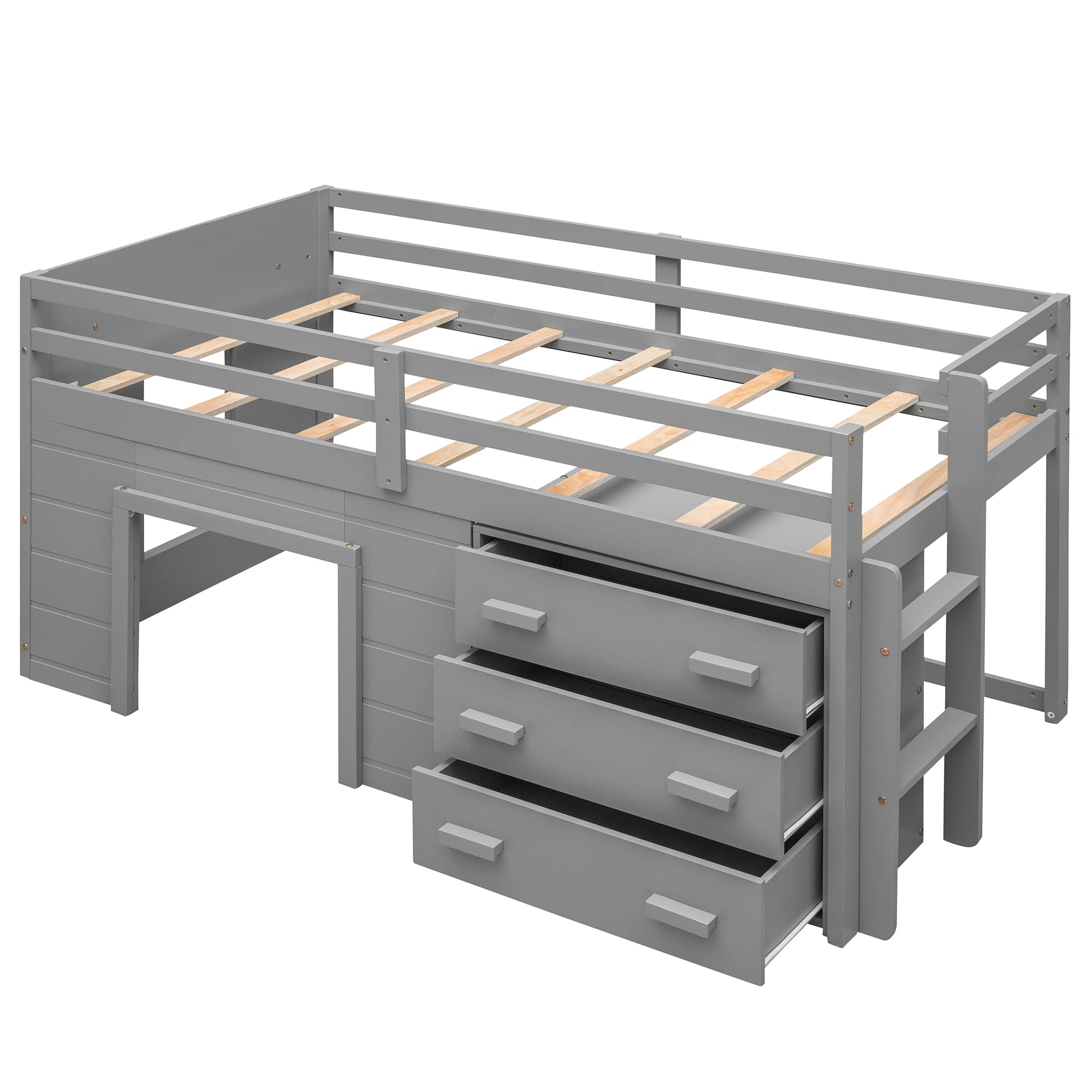 Harper & Bright Designs Low Twin Loft Beds with Storage Drawers, Wooden Twin Loft Bed with Cabinet & Bedside Tray, Kids Twin Loft Bed for Girls & Boys (Twin, Grey)