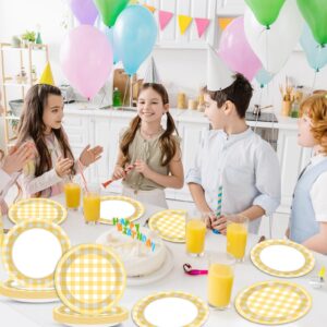 48Pcs Yellow Gingham Paper Dessert Plates Yellow and White Party Supplies Yellow Checkered Tableware Party Decorations Plaid Plates Dinnerware for Boys Girls Birthday Picnic Bride Shower Favor 7”