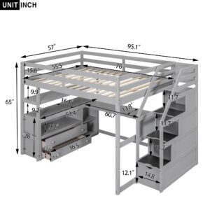 Harper & Bright Designs Gray Full Loft Bed with Staircase and Desk, Wooden Full Size Loft Bed with Storage Shelves & 2 Drawers, Full Loft Bed Frame with Step for Kids Boys Girls Teens