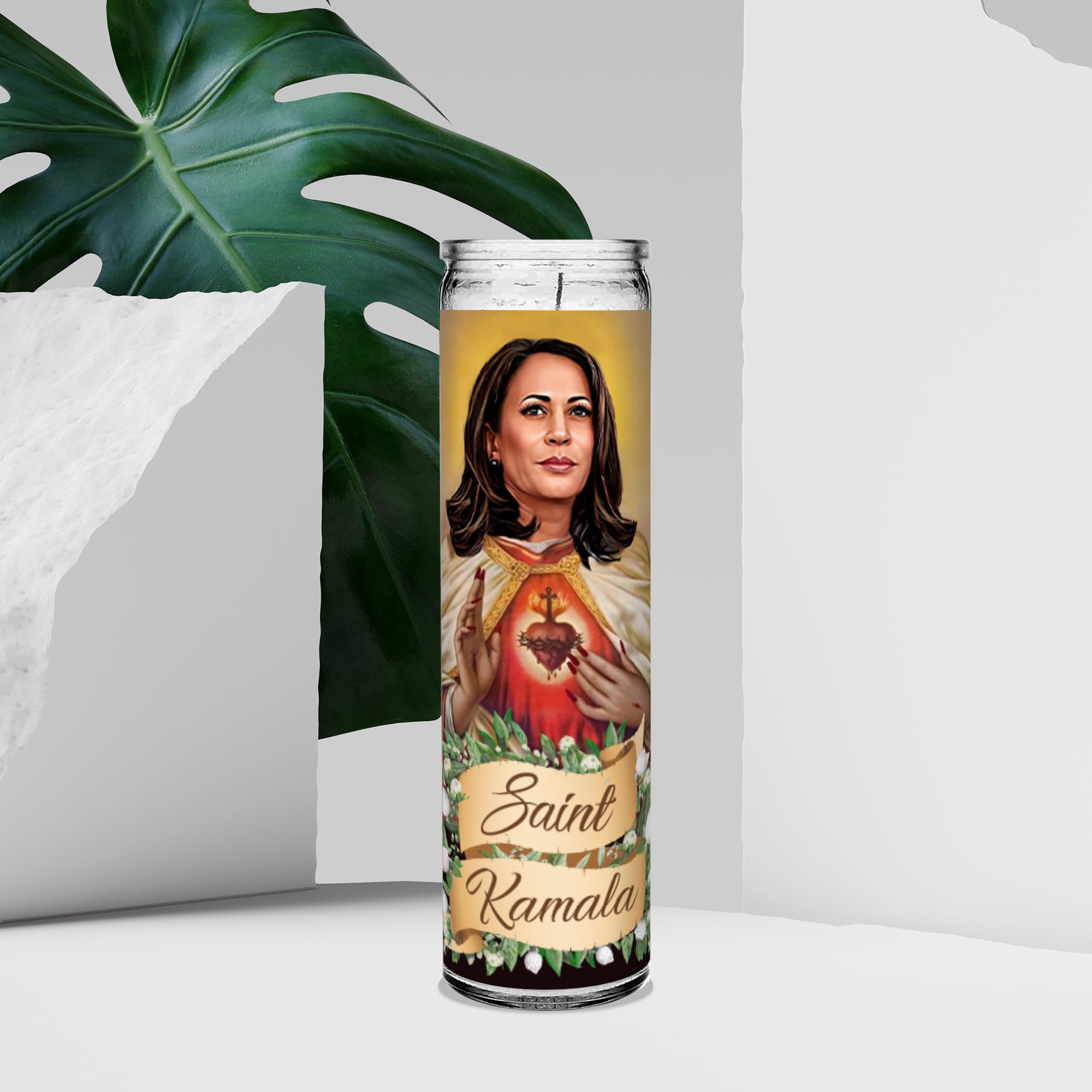 Saint Kamala Harris Celebrity Prayer Devotional Parody Altar Candle, 8" white unscented