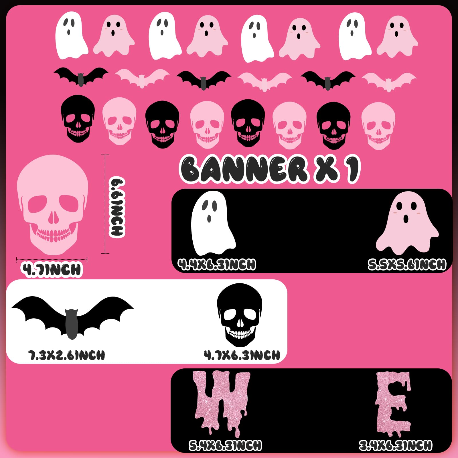 Pink Halloween Decorations, Pink and Black Halloween Decorations includes Happy Halloween Pink Ghost Garland Pink Bat Skeleton, Pastel Halloween Decorations for Girly Halloween Decor