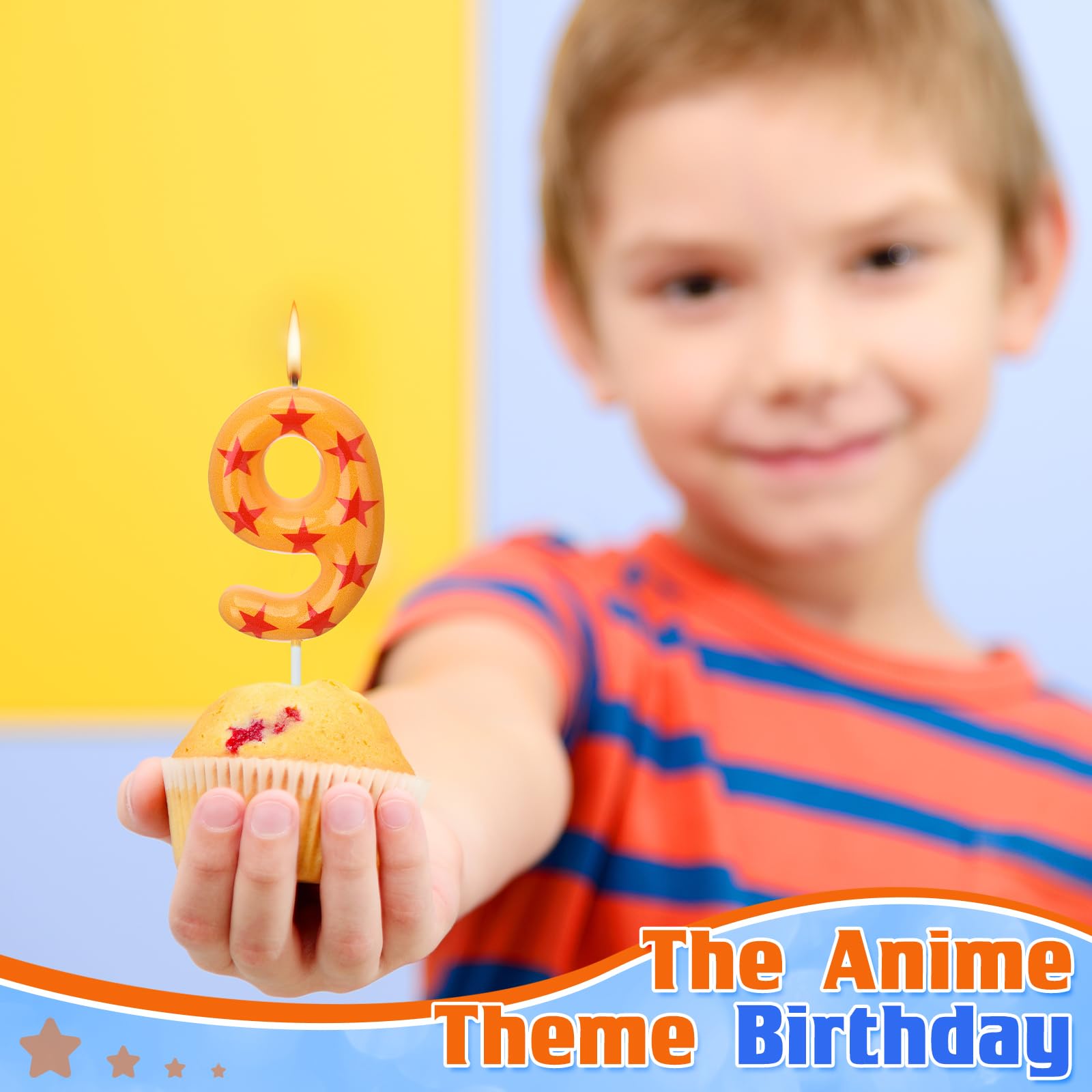 Conelist Number 9 Anime Theme Birthday Number Candles Yellow and Red Stars Print Birthday Cake Topper Candles Numeral Birthday Candle for Boy Husband Party Decor Supplies