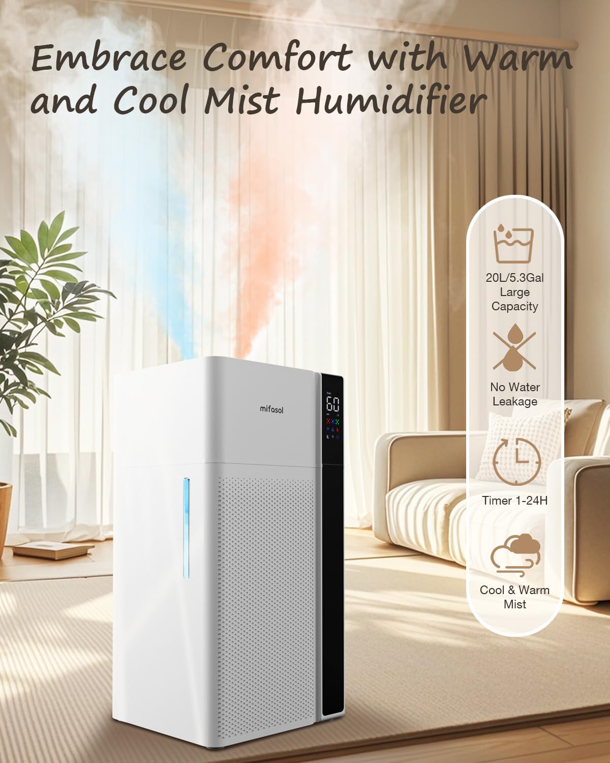 Mifasol Warm and Cool Mist Humidifier Large Room, 5.3Gal/20L Whole House Humidifiers for Home, Quickly & Evenly Humidify Larger Areas, Top Fill, Dual Mist Nozzles and Atomizers, Office Plants, White