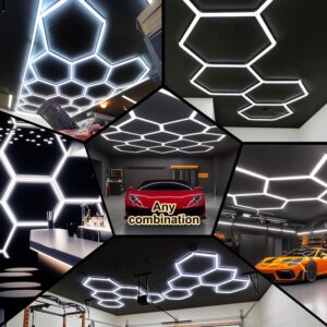 SLARY LED Hexagon Garage Lights, 24 Pack Car Garage Light Tubes, 192W, 23040LM, 6500K Super Bright, 5 Grid Systems Car Detailing Ceiling LED Light for Garage Warehouse Workshop Basement Gym