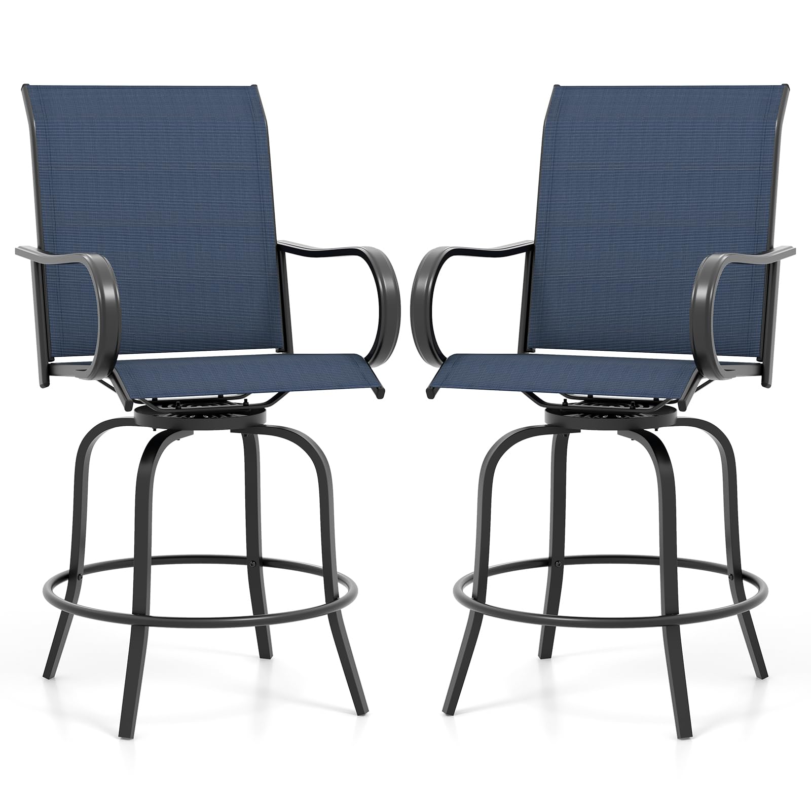 Giantex Set of 2 Swivel Outdoor Bar Stools, All-Weather Bar Height Patio Chairs, 330LBS Capacity, 360 Rotating Outside Bar Chairs with High Back Armrests, for Porch Yard Lawn Garden Pool (Navy)