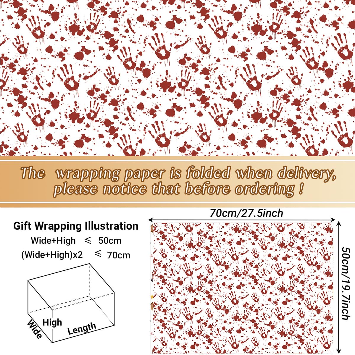 Bolsome 12 Sheets Halloween Bloody Wrapping Paper Bloody Handprint Horror Pattern Gift Wrapping Paper for Halloween Party Horror Party Favor DIY Craft, 19.7 × 27.6 Inch