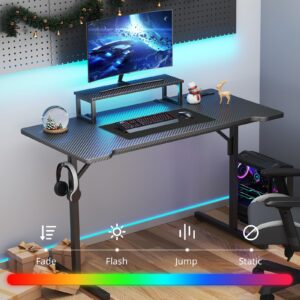 DOMICON Small Gaming Desk with LED Lights & Power Outlets, 39 Inch Computer Desk with Monitor Stand, PC Gaming Table with Carbon Fiber, Black