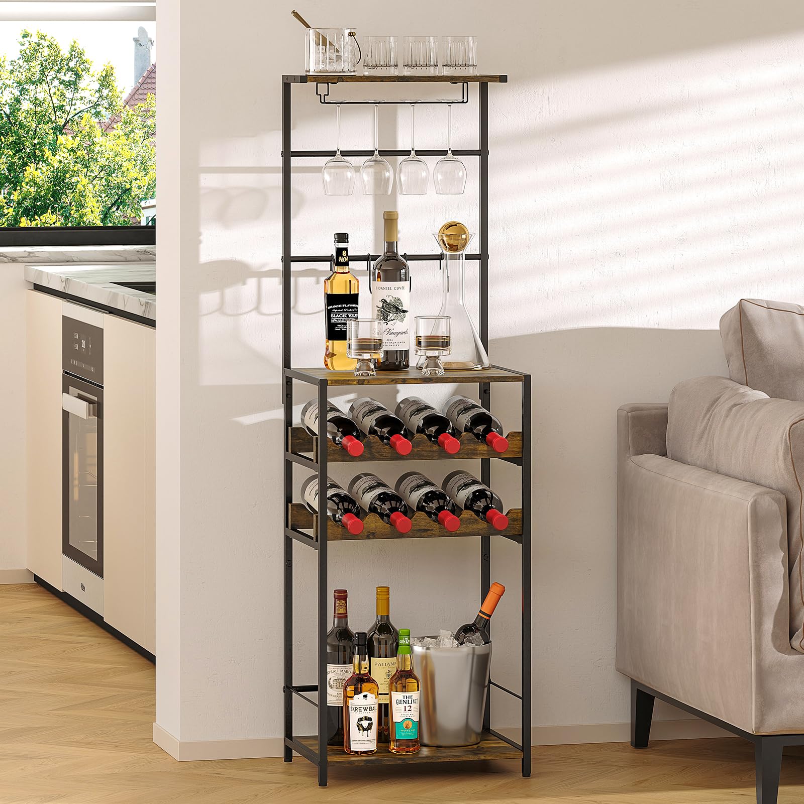 5-Tier Wine Rack Freestanding Floor, Liquor Bar Stand with Glasses Holder and 4 S Hooks, Corner Mini Bar Cabinet for Small Space, 8 Bottles Wine Bar Cabinet for Home, 11.81"D x 16.53"W x 53.55"H