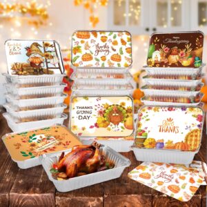 36 Pcs Thanksgiving Foil Containers with Lid Covers, Fall Autumn Harvest Theme Disposable Aluminum Foil, Baking Pan Cake Pan Food Foil Pans for Thanksgiving Party Supplies Fall Leftovers & To-Go Meals