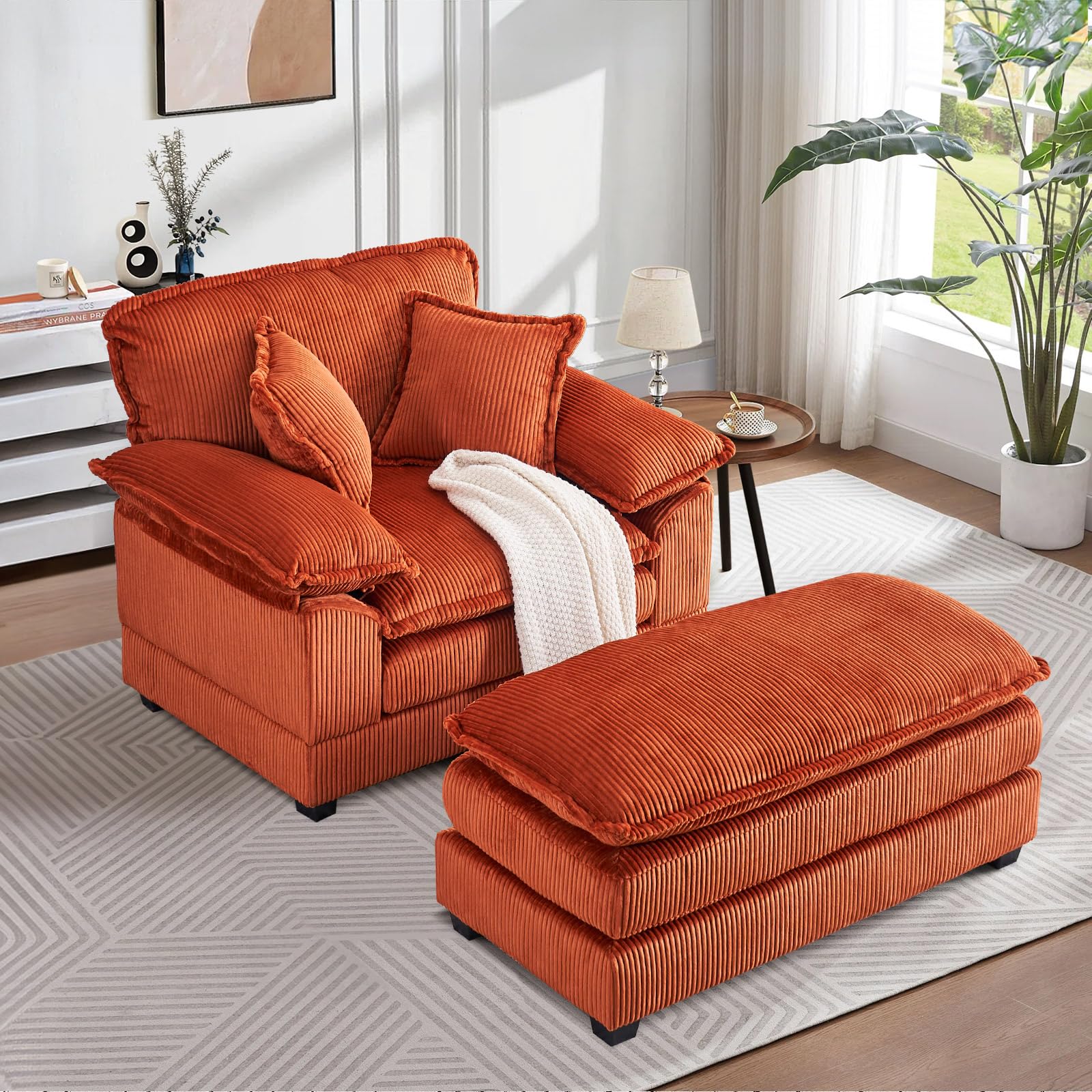 Oversized Chaise Lounge Chair Indoor with Ottoman,46.9"W Corduroy Upholstered Modern Single Sofa Reading Chair,Deep Seat Sectional Couch,Comfy Reclining Sleeper Chair for Living Room(1 Seater,Orange)