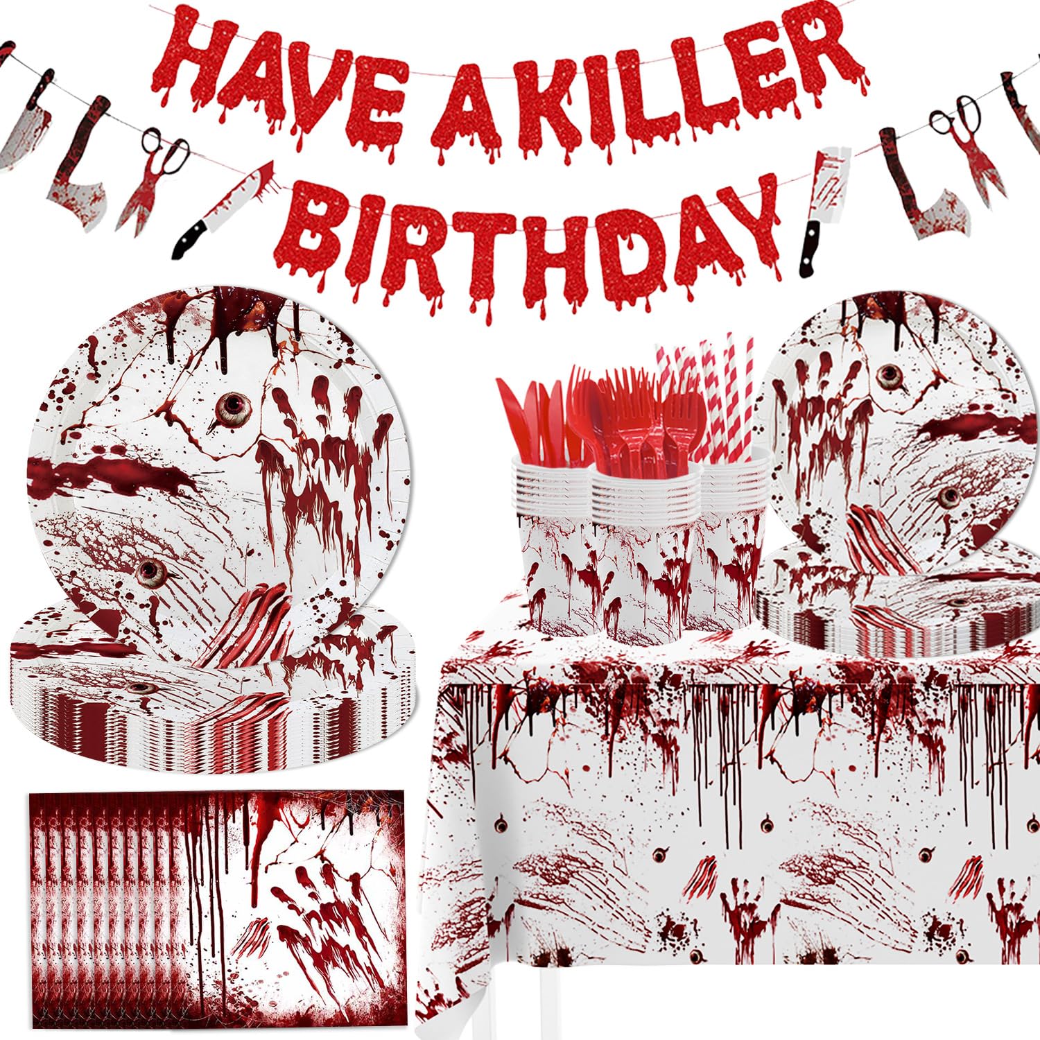 MEHOFOND Have a Killer Birthday Decoration, 194PCS Halloween Scream Party Tableware Decorations Include Killer Banner Bloody Hand Print Plates Napkins Tablecloth for Horror Themed Birthday Supplies