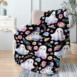 Cute Halloween Blanket for Girls Boys Black Ghost Flower Blanket for Women Men Soft Lightweight Throw Cozy Blankets for Bedding Couch Sofa Decor XS 30×40in for Leg/Pet