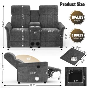 IROSTAE Loveseat Recliner Sofa with Console, RV Reclining Loveseat with Folding Side Table, Manual Love Seat Recliner Sofa with Bluetooth Speakers, Double Recliner Loveseat with USB Ports - Grey