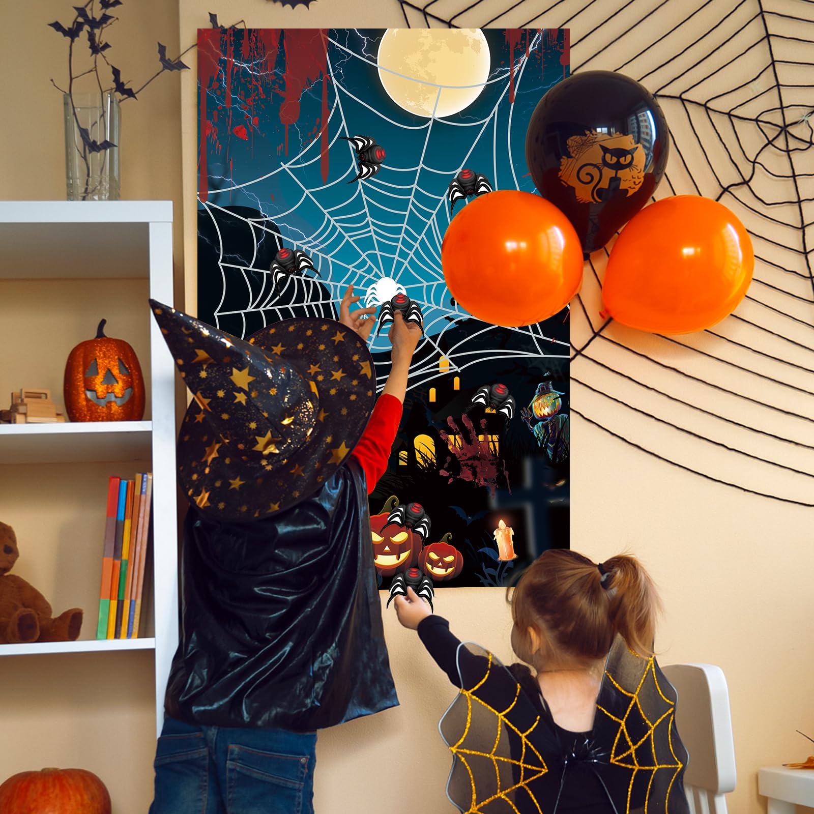 Hxezoc Halloween Pin The Tail Game, Pin The Spider On The Web Game with 36 Pcs Spiders Stickers, Halloween Party Games for Kids Halloween Party Birthday Party Supplies