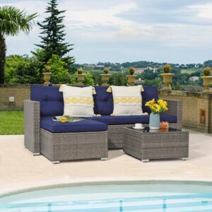 i-VTIES Patio Furniture Set, 3 Pieces Patio Wicker Conversation Sofa Set, Outdoor/Indoor Wicker Rattan Sofa with Cushion, Pillows and Glass Table(Blue)